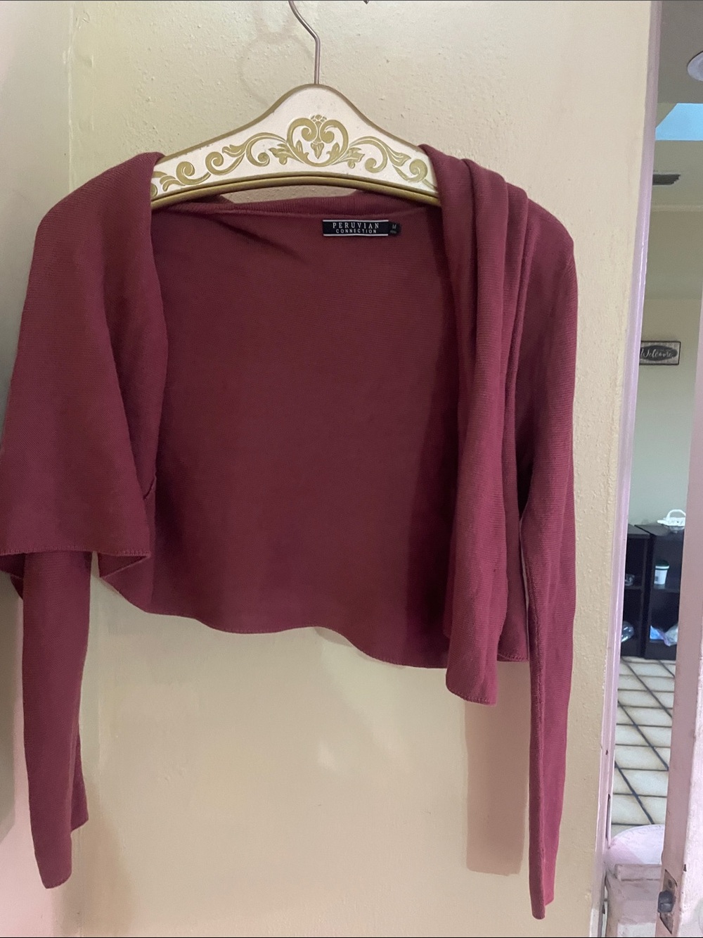 Peruvian Connection Wine Cropped Open-Front Cardigan